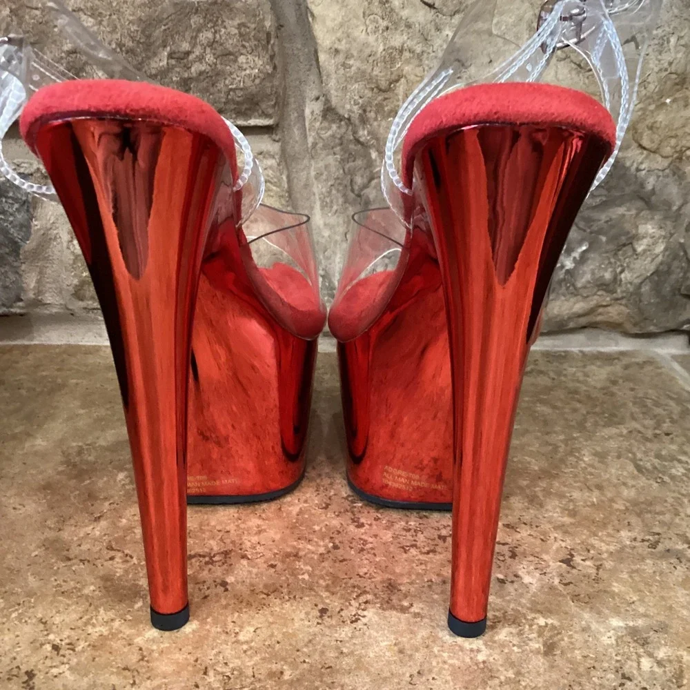 Pleaser Adore-708 Red Chrome Clear Platform Sandals 7 Inch Heels Womens 8 New